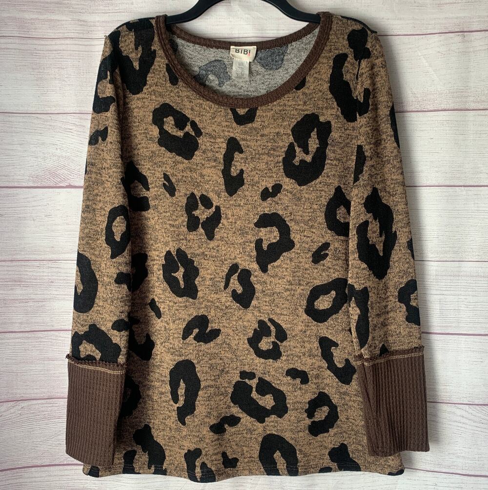 Bibi Leopard Print Sweater Top Long Sleeve Waffle Knit Detail Size Large